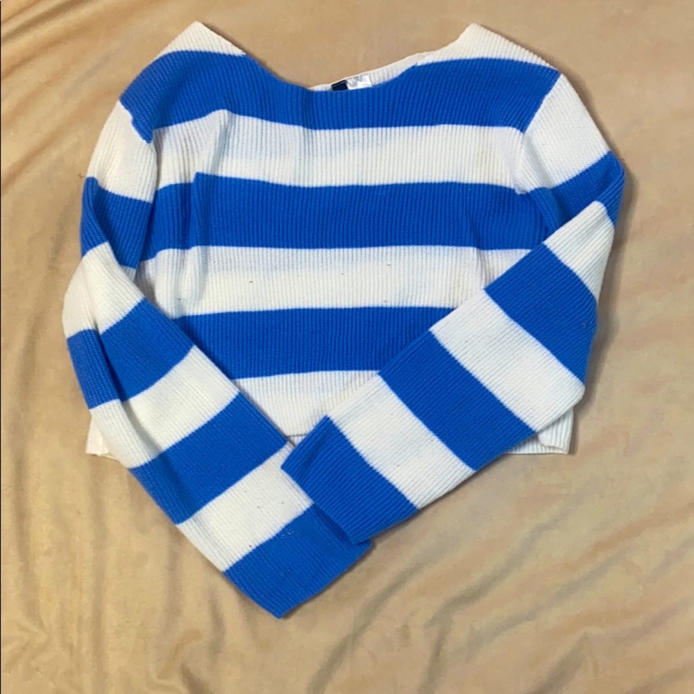 Blue and white strip cropped sweater